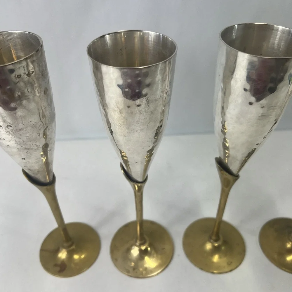 Vintage Art Deco Style Brass & Silverplate Champagne Flute.‎ Set Of 4. Heavy.